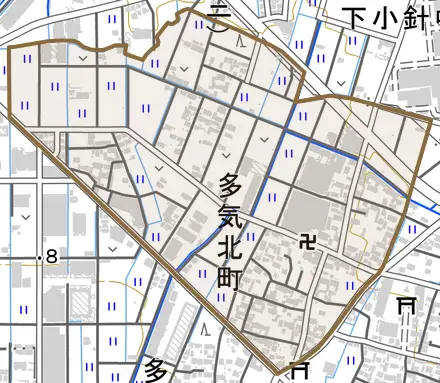 多気北町とその周辺の地図。町の範囲を重ねている