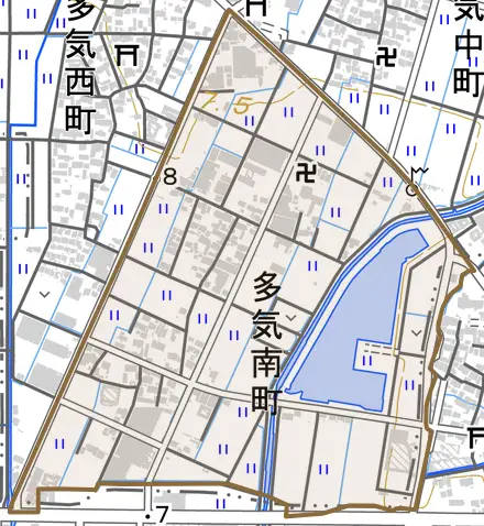 多気南町とその周辺の地図。町の範囲を重ねている