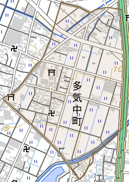 多気中町とその周辺の地図。町の範囲を重ねている