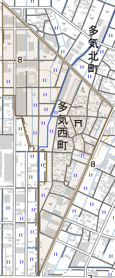 多気西町とその周辺の地図。町の範囲を重ねている