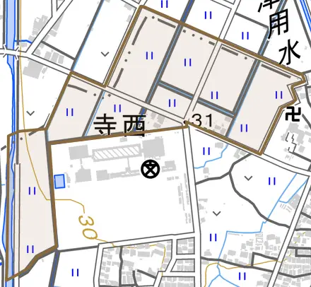 寺西とその周辺の地図。町の範囲を重ねている