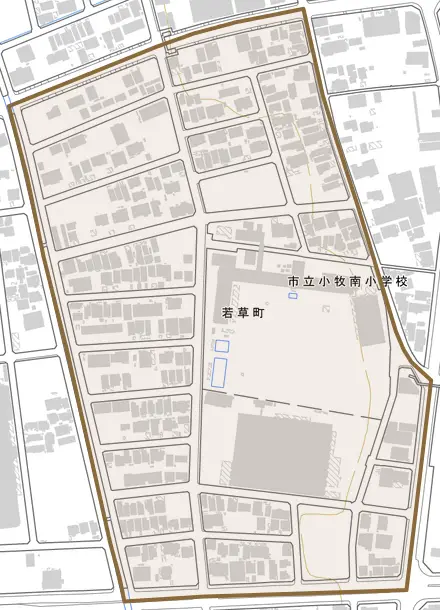 若草町とその周辺の地図。町の範囲を重ねている