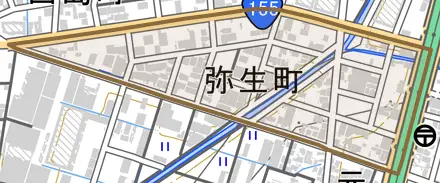 弥生町とその周辺の地図。町の範囲を重ねている