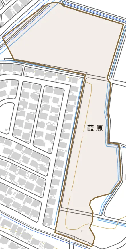 葭原とその周辺の地図。町の範囲を重ねている