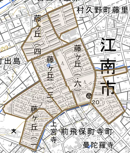 藤ケ丘とその周辺の地図。町の範囲を重ねている