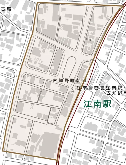 古知野町朝日とその周辺の地図。町の範囲を重ねている