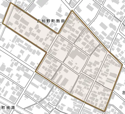 古知野町熱田とその周辺の地図。町の範囲を重ねている