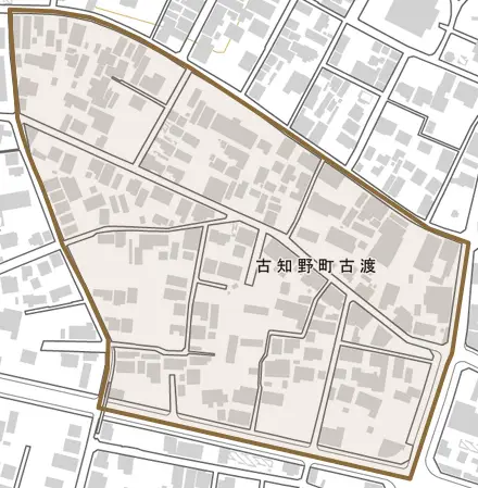 古知野町古渡とその周辺の地図。町の範囲を重ねている