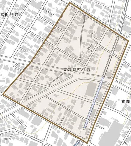 古知野町花霞とその周辺の地図。町の範囲を重ねている