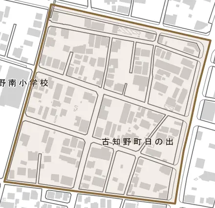 古知野町日の出とその周辺の地図。町の範囲を重ねている