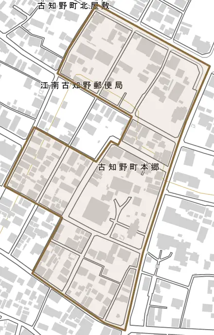 古知野町本郷とその周辺の地図。町の範囲を重ねている