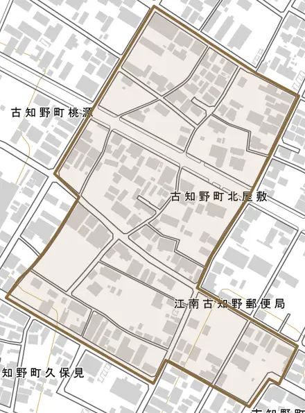 古知野町北屋敷とその周辺の地図。町の範囲を重ねている