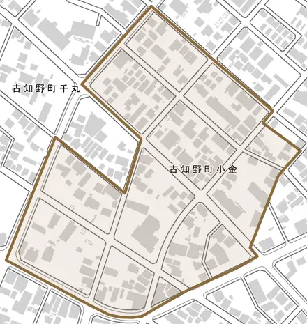 古知野町小金とその周辺の地図。町の範囲を重ねている
