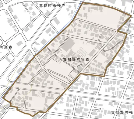古知野町牧森とその周辺の地図。町の範囲を重ねている