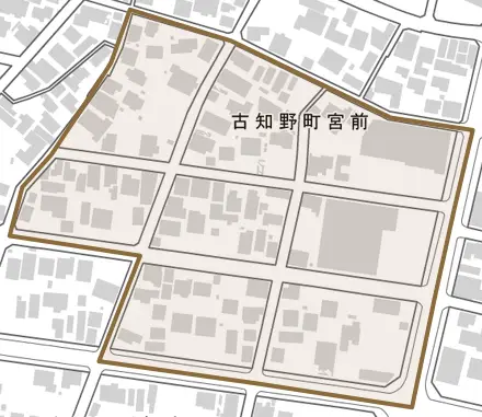 古知野町宮前とその周辺の地図。町の範囲を重ねている