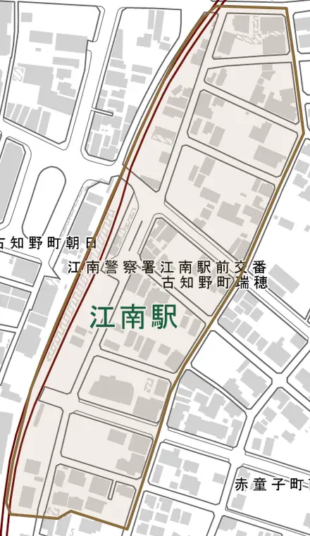 古知野町瑞穂とその周辺の地図。町の範囲を重ねている