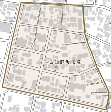 古知野町塔塚とその周辺の地図。町の範囲を重ねている