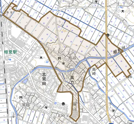 大字高力とその周辺の地図。町の範囲を重ねている