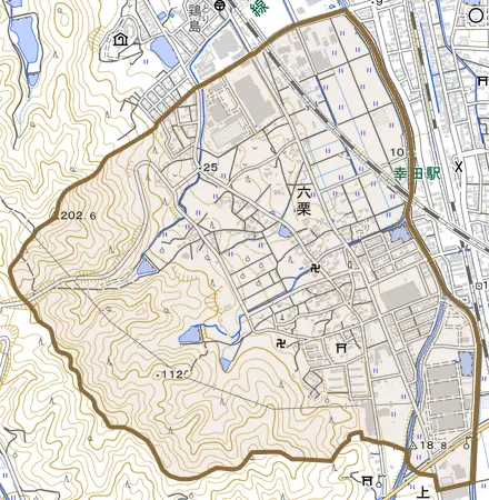 大字六栗とその周辺の地図。町の範囲を重ねている