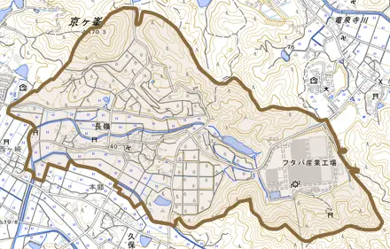 大字長嶺とその周辺の地図。町の範囲を重ねている