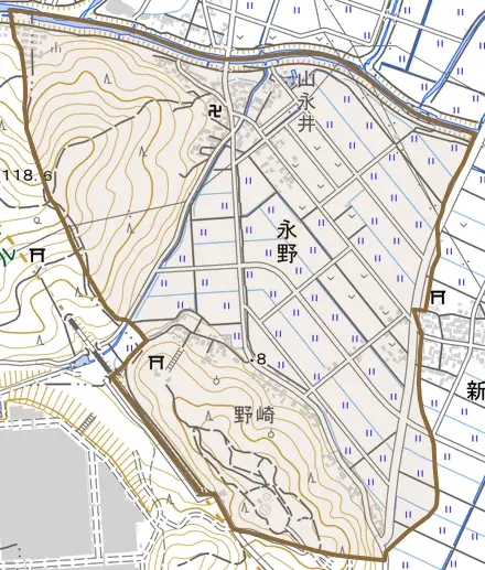 大字永野とその周辺の地図。町の範囲を重ねている