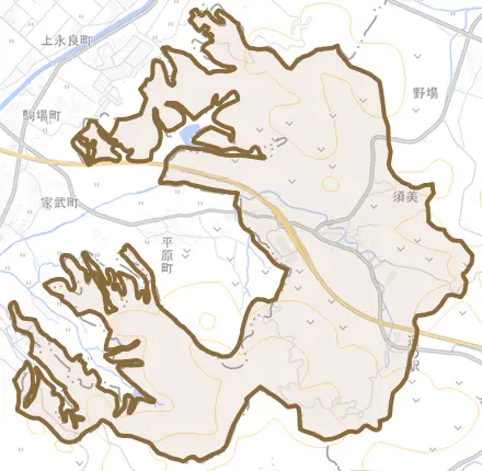 大字須美とその周辺の地図。町の範囲を重ねている