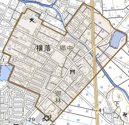 大字横落とその周辺の地図。町の範囲を重ねている