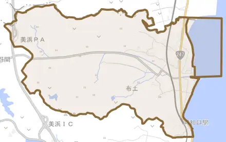 大字布土とその周辺の地図。町の範囲を重ねている