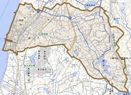 大字上野間とその周辺の地図。町の範囲を重ねている