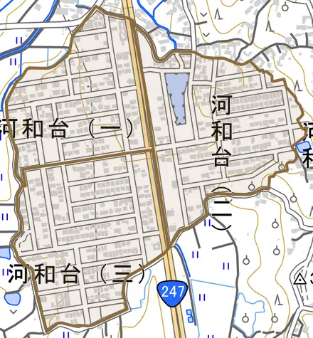 河和台とその周辺の地図。町の範囲を重ねている