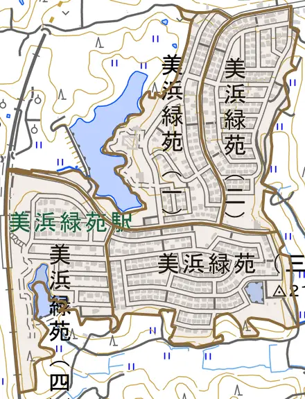 美浜緑苑とその周辺の地図。町の範囲を重ねている