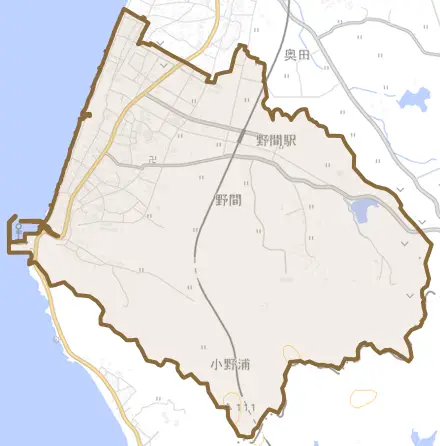 大字野間とその周辺の地図。町の範囲を重ねている