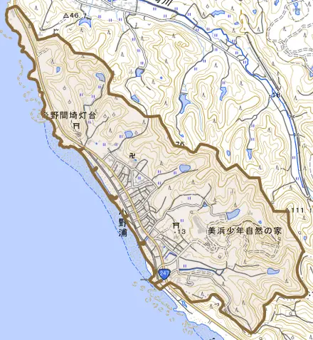 大字小野浦とその周辺の地図。町の範囲を重ねている