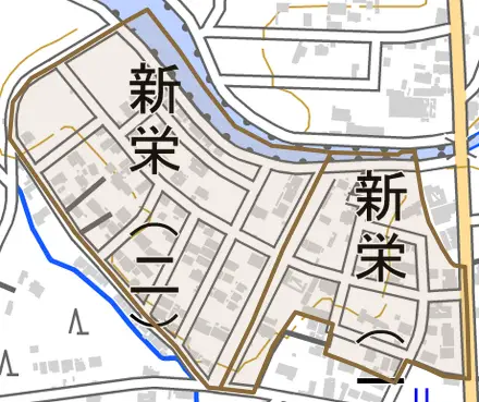 新栄とその周辺の地図。町の範囲を重ねている