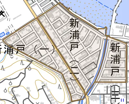 新浦戸とその周辺の地図。町の範囲を重ねている