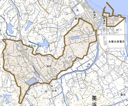 大字浦戸とその周辺の地図。町の範囲を重ねている