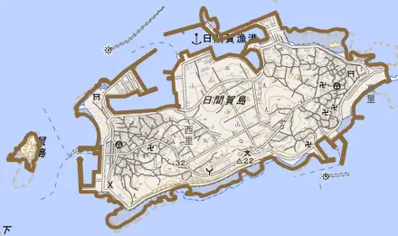 大字日間賀島とその周辺の地図。町の範囲を重ねている
