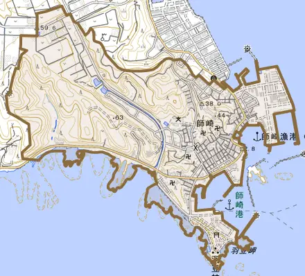 大字師崎とその周辺の地図。町の範囲を重ねている