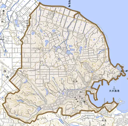 大字大井とその周辺の地図。町の範囲を重ねている