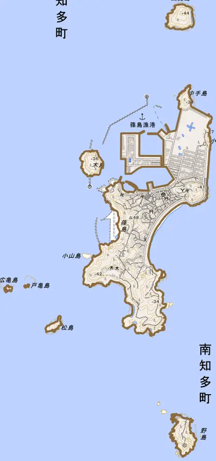 大字篠島とその周辺の地図。町の範囲を重ねている