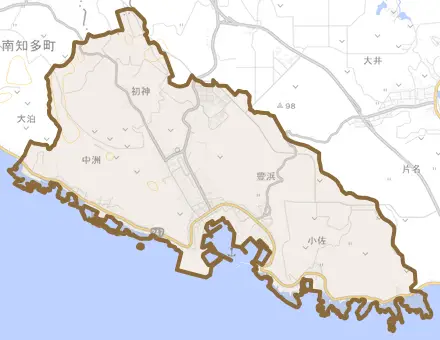 大字豊浜とその周辺の地図。町の範囲を重ねている