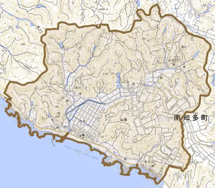 大字山海とその周辺の地図。町の範囲を重ねている