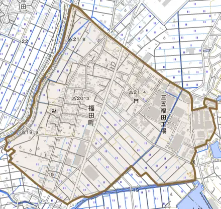 福田町とその周辺の地図。町の範囲を重ねている