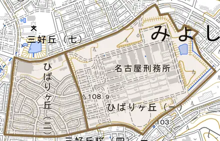 ひばりヶ丘とその周辺の地図。町の範囲を重ねている