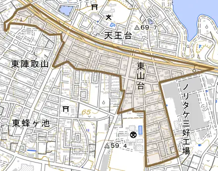 東山台とその周辺の地図。町の範囲を重ねている