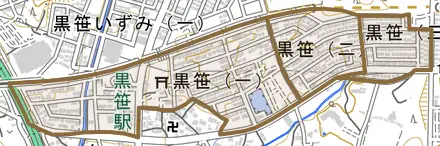 黒笹とその周辺の地図。町の範囲を重ねている