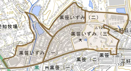 黒笹いずみとその周辺の地図。町の範囲を重ねている