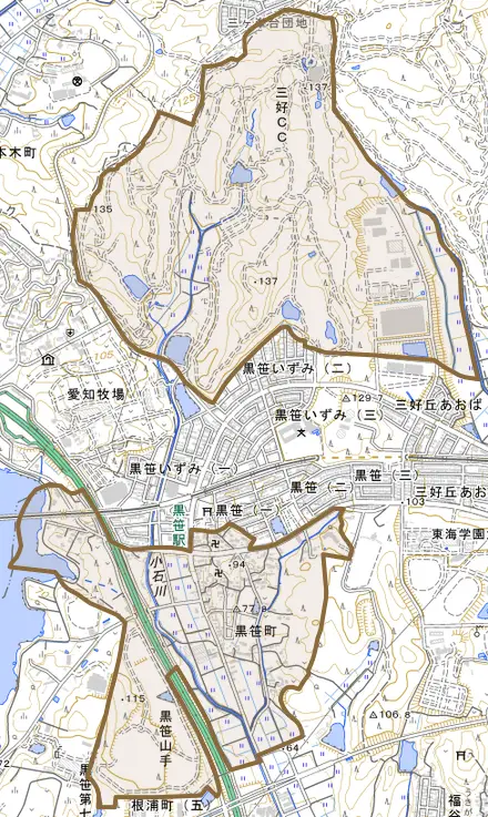黒笹町とその周辺の地図。町の範囲を重ねている