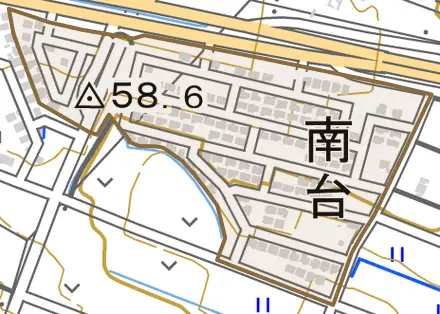 南台とその周辺の地図。町の範囲を重ねている