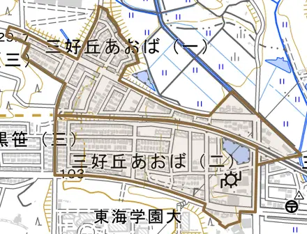 三好丘あおばとその周辺の地図。町の範囲を重ねている